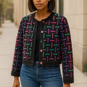 Vintage Dino'z Womens Multicolor Weaving Suede Leather Jacket Lined Size M UK 12